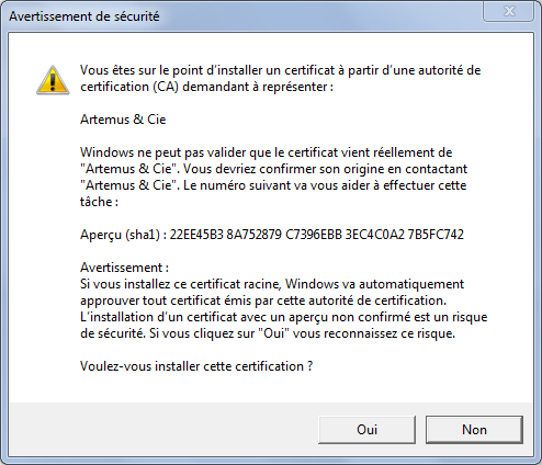 Avertissement Certificat Ca